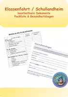 Vorschau - Anderer Materialtyp - Gesundheitsbogen + Packliste bearbeitbar für Schullandheim - Klassenfahrt - - Deckblatt