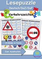 Vorschau - Arbeitsblätter - Lese-Puzzle Verkehrsschilder / Verkehrszeichen - DaZ/DaF / Deutsch (Lesespiel) - Deckblatt