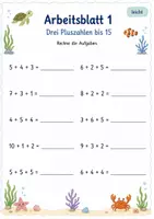 Vorschau - Arbeitsblätter - Plus und Minus mit drei Zahlen bis 20 | Mathematik Klasse 1 | 7 Arbeitsblätter als PDF - Seite 1