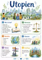 Vorschau - Arbeitsblätter - Lernposter + Arbeitsblätter zum Thema "Utopie" + Lösung & MP3 + Mindmap + Infografiken - Deckblatt
