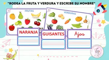 Vista previa - Hojas de trabajo - BUSCAR FRUTA Y VERDURA. ASOCIAR A LA PALABRA Y ESCRIBIRLA. - Portada