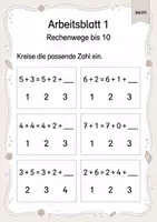 Vorschau - Arbeitsblätter - Rechenwege ergänzen Plus bis 10 | Mathematik Klasse 1 | 5 Arbeitsblätter als PDF - Seite 1