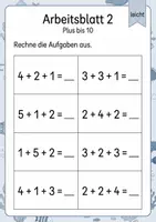 Vorschau - Arbeitsblätter - Plus mit drei Zahlen bis 10 | Mathematik Klasse 1 | 5 Arbeitsblätter als PDF - Seite 2