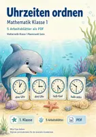 Vorschau - Arbeitsblätter - Uhrzeiten ordnen | Mathematik Klasse 1 | 5 Arbeitsblätter als PDF - Deckblatt