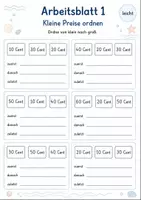 Vorschau - Arbeitsblätter - Preise ordnen bis 1 Euro | Mathematik Klasse 1 | 5 Arbeitsblätter als PDF - Seite 1