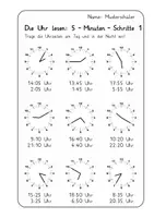 Vorschau - Arbeitsblätter - 3 x Arbeitsblatt zu Uhrzeiten / Uhr lernen (5-Minuten-Schritte) mit Lösungsblättern - Seite 1