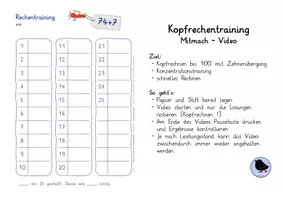 Vorschau - Arbeitsblätter - Lernvideo: Kopfrechnen bis 100 (+ - ) - Seite 1