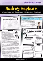 Vorschau - Arbeitsblätter - Audrey Hepburn MEGABUNDLE Materialpaket - Wissenskartei, Lückentext, Steckbrief, Suchsel, Quizkarten - Deckblatt