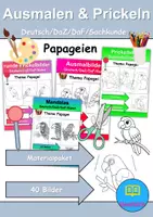 Vorschau - Mal- und Bastelvorlagen - Ausmalbilder & Prickelbilder PAKET Thema Papageien - Grundschule - Bastelvorlagen - Deckblatt