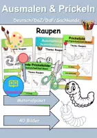 Vorschau - Arbeitsblätter - Ausmalbilder & Prickelbilder PAKET Thema Raupen - Grundschule - Bastelvorlagen - Deckblatt