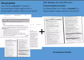 Vorschau - Klassenarbeiten - Materialpaket Klassenarbeit Liebeslyrik Klasse 9 mit EWH klassisch und LRS -Masha Kaléko - Weil du nicht da bist - Deckblatt
