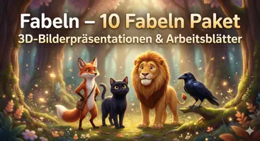 Vorschau - Arbeitsblätter - Fabeln – 10 Fabeln Paket – 3D‑Bilderpräsentationen & Arbeitsblätter (Klasse 2–4) - Deckblatt