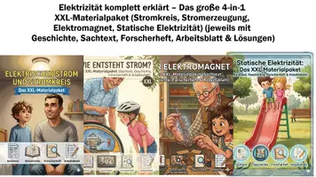 Vorschau - Unterrichtsreihen - Elektrizität komplett erklärt – Das große 4‑in‑1 XXL‑Materialpaket (Stromkreis, Stromerzeugung, Elektromagnet, Statische Elektrizität) (jeweils mit Geschichte, Sachtext, Forscherheft, Arbeitsblatt & Lösungen) - Deckblatt