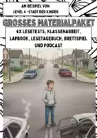 Vorschau - Unterrichtsreihen - 📘📄✍️ 4x Lesetests, Klassenarbeit, Podcast, Lesetagebuch, Lapbook & 🎲 Brettspiel am Beispiel von „Level 4 – Stadt der Kinder“ von Andreas Schlüter Komplettpaket für den Deutschunterricht - Deckblatt