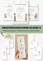 Vorschau - Mal- und Bastelvorlagen - Abschiedsgeschenk Klasse 4 für Schüler | Wahres Zeugnis & Stiftkarten zum Verschenken, Geschenk Abschied Grundschule - Deckblatt