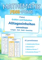 Vorschau - Arbeitsblätter - Alltagseinheiten umrechnen | Längen · Zeit · Geldwerte · Gewichte | 4 Lernniveaus | Mathematik Ping Pong - Deckblatt