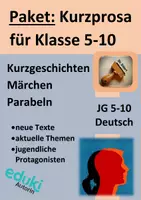 Vorschau - Stundenentwürfe - Wachsendes Komplettpaket Kurzprosa: über 60 neue Prosa-Texte (Kurzgeschichten, Anekdoten, Parabeln, Märchen, Sagen) + Material, Klasse 5 -10 - Deckblatt