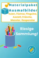 Vorschau - Mal- und Bastelvorlagen - Materialpaket Ausmalbilder Axolotl Füchse Eulen Monster und mehr - Deckblatt
