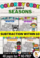 Vista previa - Hojas de trabajo - Color by Code - Subtraction within 10 (Seasons) | Estaciones Sumas y restas Matemáticas Inglés - Bundle (Paquete) - Portada