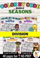 Aperçu - Feuilles d'exercices - Color by Code - Division (Seasons) | Saisons Divisions Mathématiques Anglais - Bundle (Kit) - Page de couverture