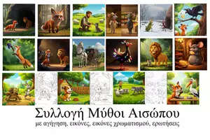 Προεπισκόπηση - Διδακτικά / Σχολικά βιβλία - Μύθοι του Αισώπου Με εικόνες, ασκήσεις και σελίδες ζωγραφικής - Εξώφυλλο