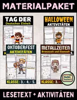 Vorschau - Arbeitsblätter - Materialpaket : Oktoberfest, Bronzezeit und Eisenzeit, Halloween und Tag der Deutschen Einheit – zugeschnitten auf Lesetexte, Aktivitäten und Rätsel für die Klassen 3–5 - Deckblatt