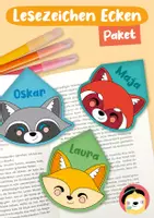 Vorschau - Mal- und Bastelvorlagen - Materialpaket Lesezeichen Ecken – Fuchs, Waschbär & roter Panda - Deckblatt