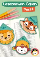 Vorschau - Mal- und Bastelvorlagen - Materialpaket 3 Lesezeichen Ecken – Löwe, Tiger und Affe - Deckblatt