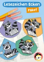 Vorschau - Mal- und Bastelvorlagen - Paket Lesezeichen Ecken – Waschbären - Deckblatt