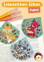 Vorschau - Mal- und Bastelvorlagen - Materialpaket Lesezeichen Ecken – Fuchs, Waschbär & roter Panda mit Herbstmotiven - Deckblatt