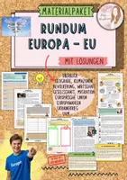 Vorschau - Unterrichtsreihen - Materialpaket rundum Europa - EU / Einführung / Kontinent / Politik / Klima / Migration / Flüchtlinge / Menschenrechte / Ukrainekrieg / Europawahlen mit Lösungen (Klasse 8 9 10 11) - Deckblatt