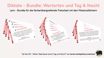 Vorschau - Fördermaterial/Inklusion - Materialpaket - Diktate auf 3 Niveaustufen zum Thema „Tag & Nacht“ und Wortarten - Deckblatt