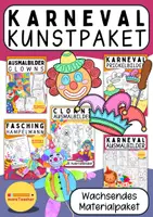 Vorschau - Mal- und Bastelvorlagen - Wachsendes Kunstpaket: Fasching & Karneval Materialpaket – Ausmalbilder, Bastelideen und Prickelbilder für den Unterricht - Deckblatt