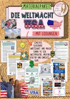 Vorschau - Unterrichtsreihen - Materialpaket rundum Weltmacht USA - Einstieg - Geografische Grundlagen - Wirtschaftskraft - globale Verflechtungen - Politisches System - internationale Rolle - Militär - Kultur - Zukunft und Kritik mit Lösung (Klasse 8 9 10) - Deckblatt