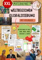 Vorschau - Unterrichtsreihen - Materialpaket rundum Globale Herausforderungen und Weltregionen ; Globalisierung ; Weltmacht ; Entwicklungsland ; Schwellenland ; Wirtschaft ; Geographie ; BevölkerungChina, Indien, Afrika, Brasilien & Europa mit Lösungen (Klasse 8 9 10 11) - Deckblatt