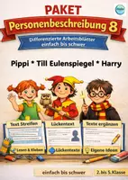 Vorschau - Stundenentwürfe - Personenbeschreibung 8 : Pippi , Harry Potter und Till Eulenspiegel– Texte ordnen, ergänzen und schreiben | Differenziertes Materialpaket(Harry Potter, Till Eulenspiegel, Pippi Langstrumpf) - Deckblatt