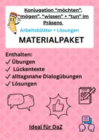 Vorschau - Arbeitsblätter - Materialpaket: Die wichtigsten Verben im Präsens – Arbeitsblätter für DaZ / DaF (A1–A2)/ "möchten", "wissen", "mögen", "tun" - Deckblatt