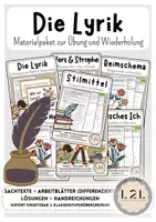 Vorschau - Arbeitsblätter - Lyrik - lyrische Elemente untersuchen - Einstieg, Übung und Wiederholung zu formalen Aspekten: Stilmittel, Reimschema, Strophe, Vers, Rhythmus, Metrum, Lyrisches Ich - Differenzierte Sachtexte, Arbeitsblätter, Lösungen ab Klasse 5 bis Klasse 10 - Deckblatt