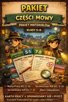 zapowiedź - Części mowy – pakiet materiałów kl. 5–8 | karta pracy + sprawdziany A/B + klucz - obwoluta