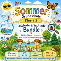 Vorschau - Arbeitsblätter - Sommer Materialpaket Klasse 2 - Wetter, Wasser, Insekten, Schmetterlinge, Wiese, Wald, Ferien - Deckblatt