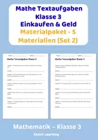 Vorschau - Stundenentwürfe - Mathe Textaufgaben Klasse 3 Einkaufen Materialpaket | 5 Materialien mit Lösungen (Set 2) - Deckblatt