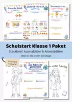 Vorschau - Mal- und Bastelvorlagen - Schulstart Klasse 1 Paket | Steckbrief Einschulung | Ausmalbilder erster Schultag | Arbeitsblätter Schulanfang - Deckblatt