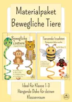 Vorschau - Mal- und Bastelvorlagen - Kunst Grundschule Sommer -Materialpaket Bewegliche Tiere basteln (Insekten und Zootiere) - Kunst Klasse 1, Kunst Klasse 2, Kunst Klasse 3 - Deckblatt