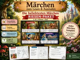 Vorschau - Mal- und Bastelvorlagen - Märchen zum Lesen & Ausmalen – Die beliebtesten Märchen: RIESEN-PAKET (1. & 2. Klasse / DaZ) - Deckblatt