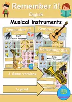Vorschau - Spiele - Materialpaket - Merk es dir! / Remember it! - Musikinstrumente / musical instruments - 3 Versionen (Englisch) - Deckblatt