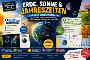 Vorschau - Arbeitsblätter - Erde, Sonne & Jahreszeiten – MEGA-Unterrichtspaket zu Tag, Nacht, Erdrotation, Erdachse & Jahreszeiten - Deckblatt