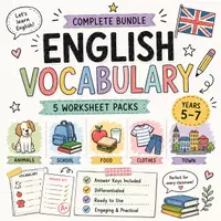 Vorschau - Arbeitsblätter - English Vocabulary Complete Bundle Year 5–7: 5 Worksheet Packs with Answer Keys (Animals, School, Food, Clothes, Town), differentiated - Deckblatt
