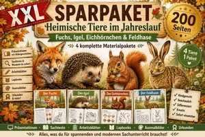 Vorschau - Arbeitsblätter - XXL SPARPAKET: Heimische Tiere im Jahreslauf (Fuchs, Igel, Eichhörnchen & Feldhase) – Bildergeschichten, Ausmalbilder & Lapbook - Deckblatt