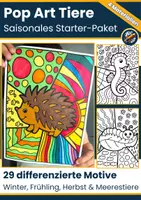 Vorschau - Mal- und Bastelvorlagen - Pop Art Tiere Saisonales Starter-Paket – Winter, Frühling, Herbst & Meerestiere (Ausmalbilder Kunstprojekt) - Deckblatt