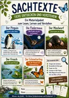 Vorschau - Arbeitsblätter - Materialpaket: Sachtexte Tiere - Schmetterling, Frosch, Maulwurf, Pinguin, Fledermaus | 5 Lesetexte mit Fragen & Lösungen | Klasse 3–4 - Deckblatt